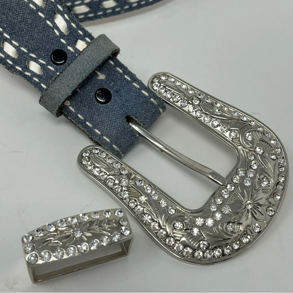 Justin Denim & leather belt with Rhinestone buckle M - Picture 8 of 11